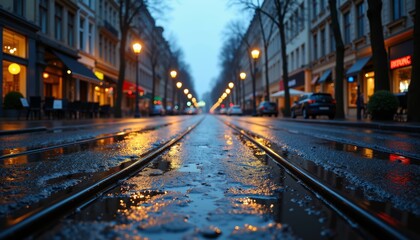 Obraz premium Wet Urban Street at Dusk with Glistening Tram Tracks and Reflections