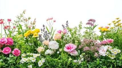Obraz premium Elegant spring garden with assorted flowers and greenery on a clean white background