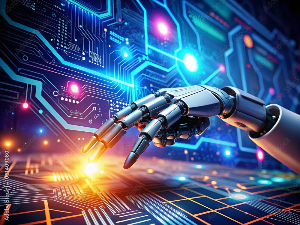 Poster futuristic cybersecurity with robot hand and digital circuit network - ai control, technology, autom