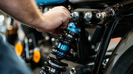 Fototapeta premium A Close-up View of a Motorcycle's Rear Suspension Being Adjusted