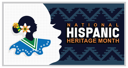 Silhouette of a woman with Hispanic and Latin culture. Hispanic Cultural Heritage Month text with ethnic pattern. Hispanic Heritage Month concept. Flat vector illustration.