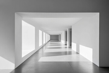 A bright minimalist hallway with rectangular openings and contrasting shadows in a modern interior