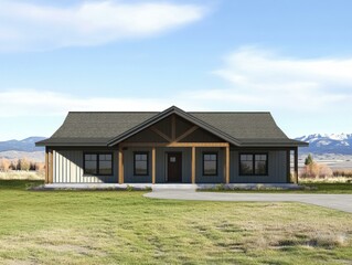 A modern farmhouse with a mountain view. AI.