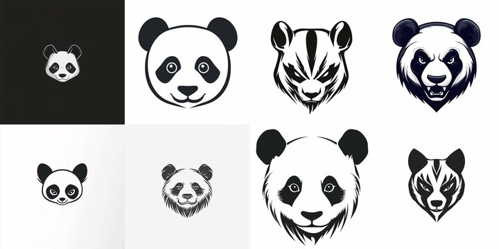 A collection of minimalist panda logos showcasing a stylized panda head with distinctive ears and facial features in black and white.
