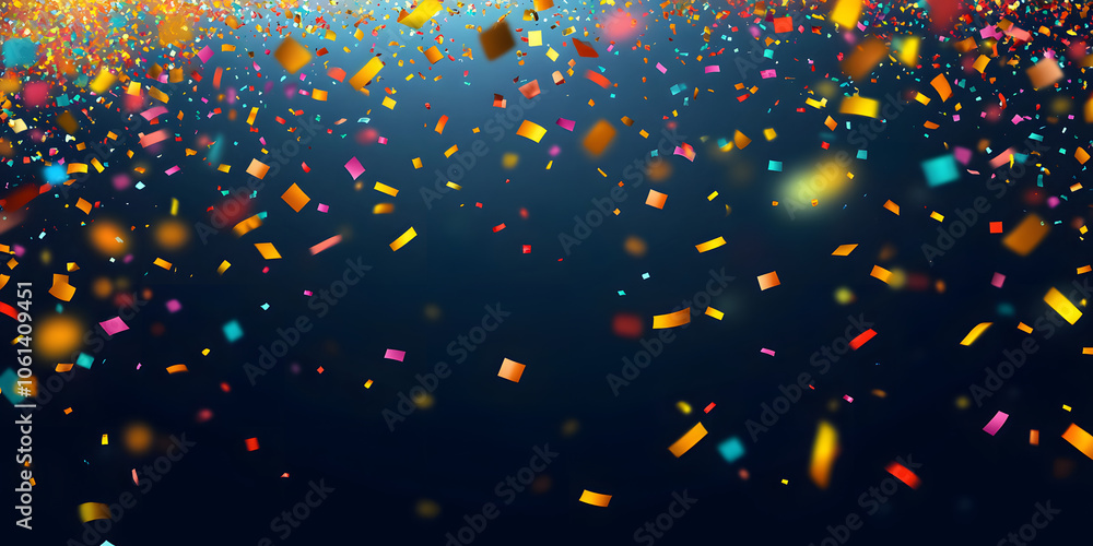 Poster colorful confetti falling randomly. abstract dark background with explosion particles. vector illust