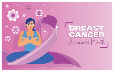 Women perform breast self-examination. Breast cancer awareness ribbon. Breast Cancer Awareness concept. Flat vector illustration.