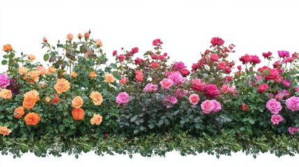 Naklejka premium Flower garden with blooming roses and vibrant colors isolated on white background