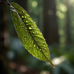 Serene Macro Nature Photography - Dew-Covered Leaf with Morning Sunlight in Peaceful Forest