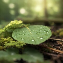 Serene Macro Nature Photography - Dew-Covered Leaf with Morning Sunlight in Peaceful Forest