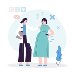 Medical advice, pregnancy back pain relieve for pregnant woman. Obstetrician talking with unhappy patient about pain relief. Diagnosis and treatment.