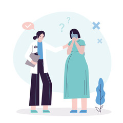 Doctor consulting a female patient with nausea symptoms. Pregnant woman suffering from morning sickness consulting an obstetrician. Pregnant girl got dizziness, instability.