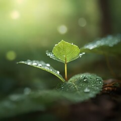 Serene Macro Nature Photography - Dew-Covered Leaf with Morning Sunlight in Peaceful Forest
