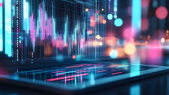 Digital financial graph displayed on a tablet alongside printed quarterly reports, showing a comparative analysis of business growth Stock Photo with side copy space - Powered by Adobe