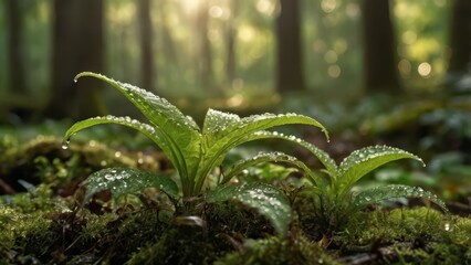 Serene Macro Nature Photography - Dew-Covered Leaf with Morning Sunlight in Peaceful Forest