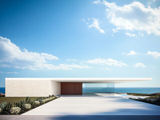 Fototapeta premium Modern coastal residence with expansive views overlooking the ocean and a clear blue sky