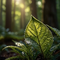 Serene Macro Nature Photography - Dew-Covered Leaf with Morning Sunlight in Peaceful Forest