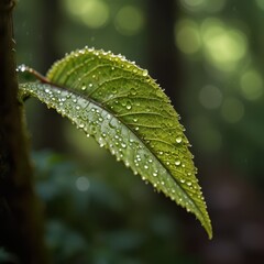 Serene Macro Nature Photography - Dew-Covered Leaf with Morning Sunlight in Peaceful Forest