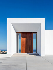Modern architectural design featuring a wooden door at a coastal residence during clear skies