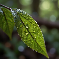 Serene Macro Nature Photography - Dew-Covered Leaf with Morning Sunlight in Peaceful Forest