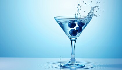 Vibrant Blue Martini Glass with Splashing Water and Blueberries.