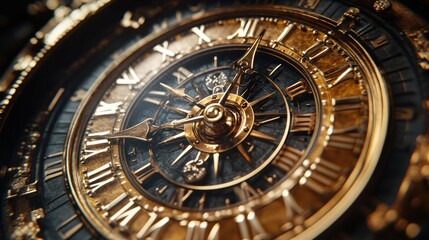 Fototapeta premium Close-up of a vintage, ornate clock face with Roman numerals, intricate gears, and gold accents.