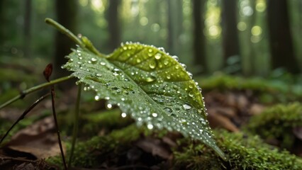 Serene Macro Nature Photography - Dew-Covered Leaf with Morning Sunlight in Peaceful Forest