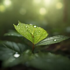 Serene Macro Nature Photography - Dew-Covered Leaf with Morning Sunlight in Peaceful Forest