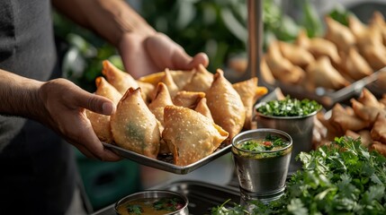 Vendor serving crispy samosas from a metal tray, with chutney and fresh herbs