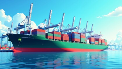Large Cargo Ship Docked at a Bustling Port with Colorful Containers