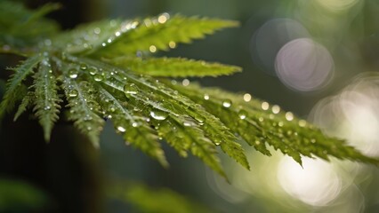 Serene Macro Nature Photography - Dew-Covered Leaf with Morning Sunlight in Peaceful Forest