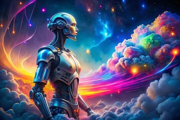 Fototapeta premium Futuristic Robot Interacting with Digital Cloud Design: A Surreal Vision of Technology and Connectivity