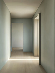 Modern minimalist hallway with natural light in a contemporary building during daylight hours