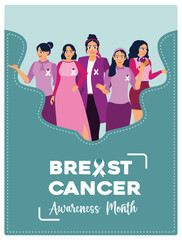 Group of women with pink ribbons. Solidarity women's health campaign. Breast Cancer Awareness concept. Flat vector illustration.