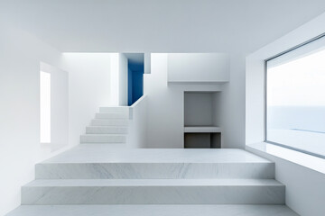 Fototapeta premium A minimalistic interior design featuring white walls and geometric staircases in a modern space