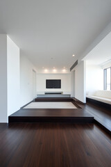 Fototapeta premium Spacious modern living room with wooden floors and a minimalist design in bright lighting
