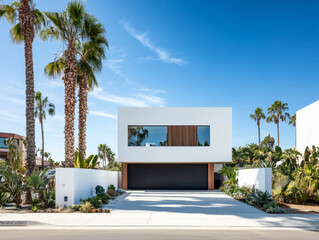 Modern house with palm trees and clear blue sky in a sunny neighborhood