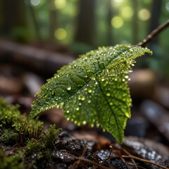 Serene Macro Nature Photography - Dew-Covered Leaf with Morning Sunlight in Peaceful Forest