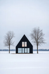 Modern black house surrounded by bare trees in a snowy landscape at twilight
