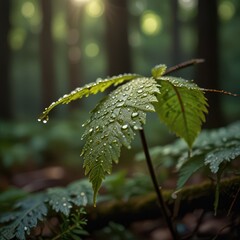 Serene Macro Nature Photography - Dew-Covered Leaf with Morning Sunlight in Peaceful Forest