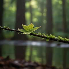 Serene Macro Nature Photography - Dew-Covered Leaf with Morning Sunlight in Peaceful Forest