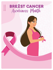 Woman holding pink ribbon. Breast cancer awareness campaign. Breast Cancer Awareness concept. Flat vector illustration.