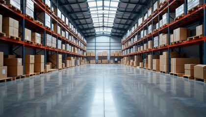 Fototapeta premium Spacious Warehouse Interior with Metal Shelving and Cardboard Stacks