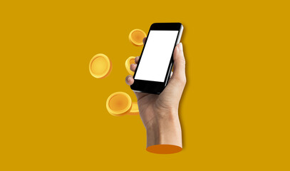 Contemporary hands holding smartphone with white empty screen, mockup, and coins dollar sign on yellow background. Art collage digital pop modern art.