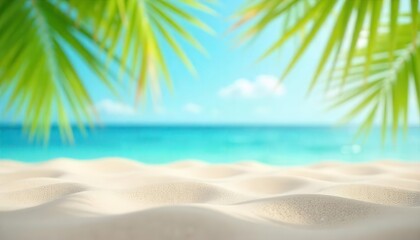 White sandy beach with palm leaves framing a turquoise sea