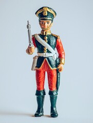 A meticulously crafted toy soldier figurine radiates vibrant colors and fine details, capturing the essence of childhood wonder and creativity against a pristine backdrop.