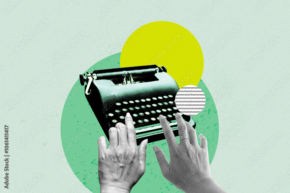 Fototapete hand typed on typewriter on green background with copy space. concept of work on typewriter. art col