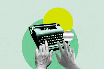 Hand typed on typewriter on green background with copy space. Concept of work on typewriter. Art collage digital pop modern art.