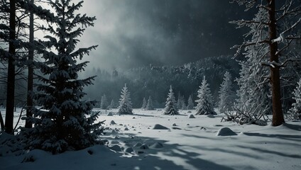 Obraz premium photo of forest scenery during winter at night made by AI generative