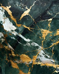 Fototapeta premium A close-up of a luxurious marble texture featuring green, white, and gold veins.