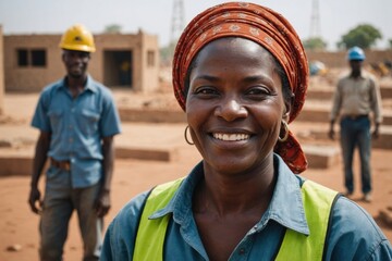 Close portrait of a smiling senior Nigerien woman construction worker looking at the camera, Nigerien outdoors construction site blurred background